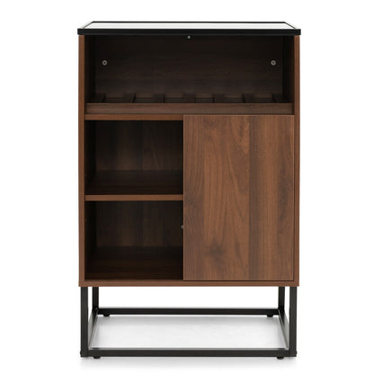 Modern Wine Cabinet with Glass Top Adjustable Shelf and Sliding Door for Dining Room or Kitchen