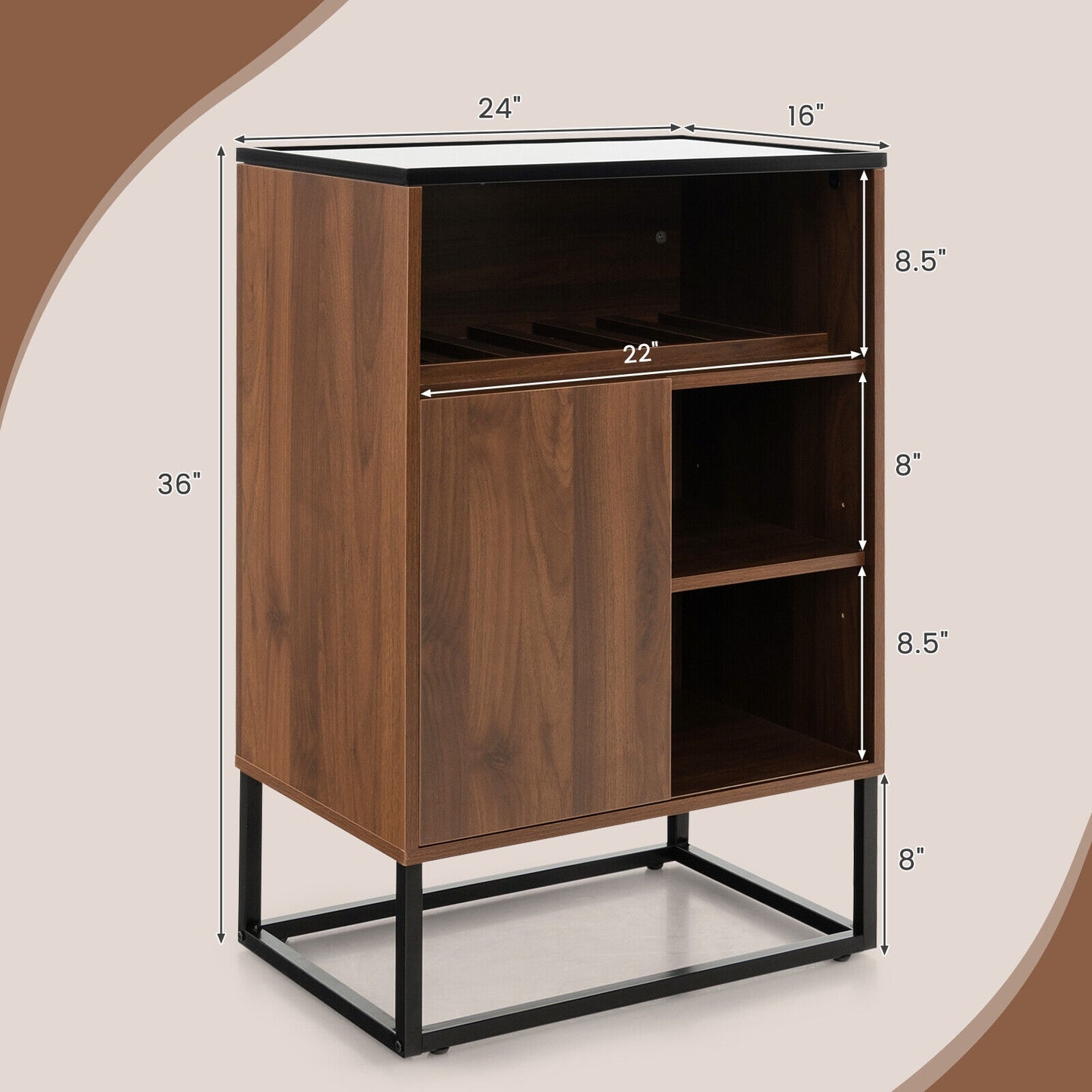 Modern Wine Cabinet with Glass Top Adjustable Shelf and Sliding Door for Dining Room or Kitchen