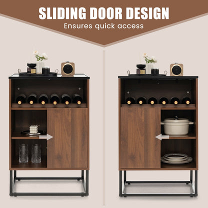 Modern Wine Cabinet with Glass Top Adjustable Shelf and Sliding Door for Dining Room or Kitchen
