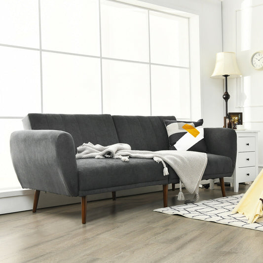 Convertible Futon Sofa Bed with Adjustable Backrest and Solid Wood Legs in Grey