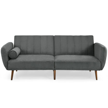 Convertible Futon Sofa Bed with Adjustable Backrest and Solid Wood Legs in Grey