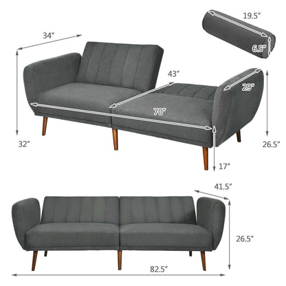 Convertible Futon Sofa Bed with Adjustable Backrest and Solid Wood Legs in Grey