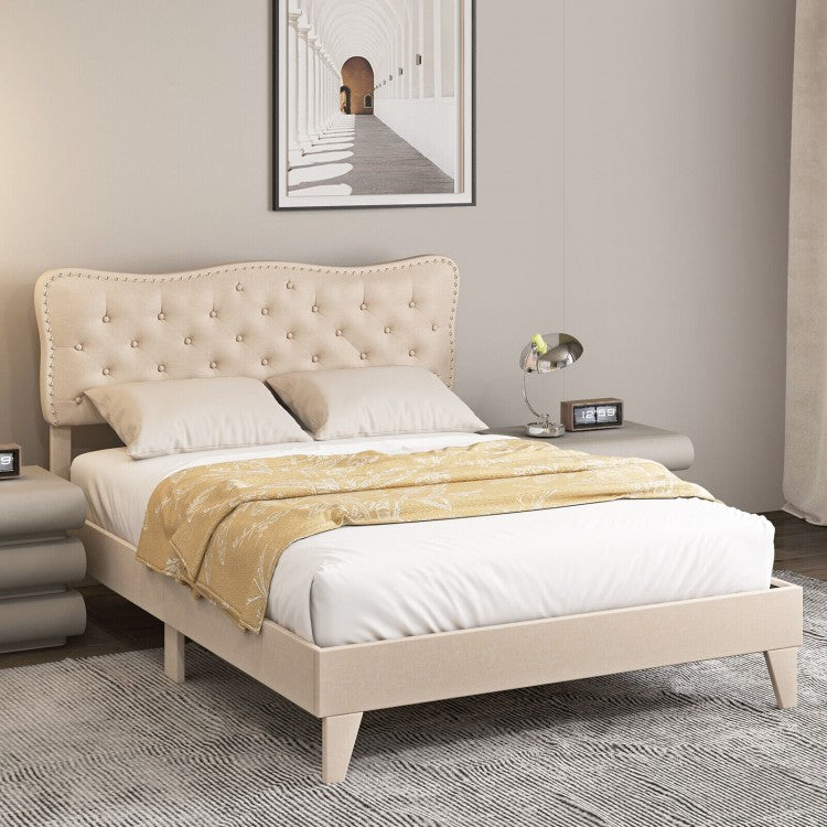 Upholstered Bed Frame with Nail-Head Tufted Headboard and Wooden Slats – Full/Queen Size