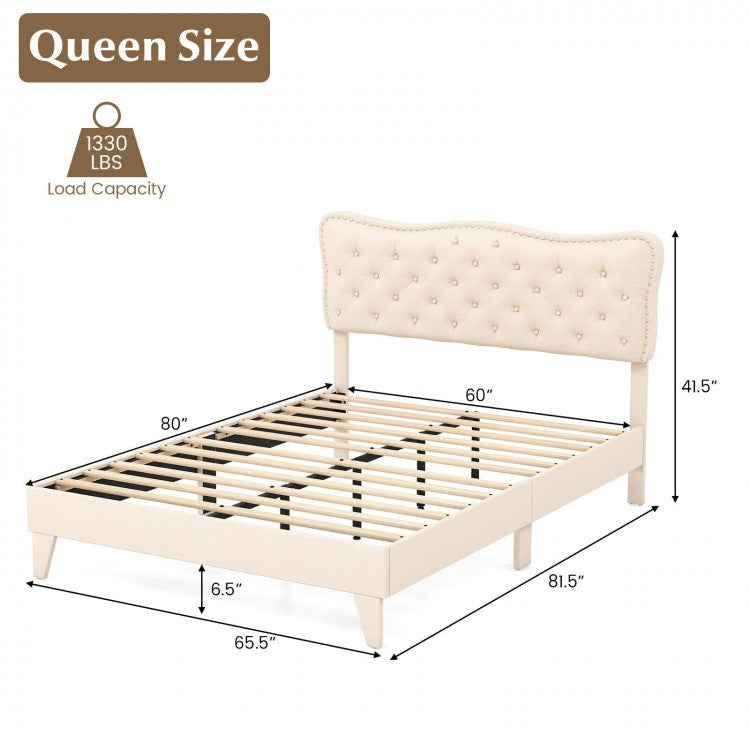 Upholstered Bed Frame with Nail-Head Tufted Headboard and Wooden Slats – Full/Queen Size