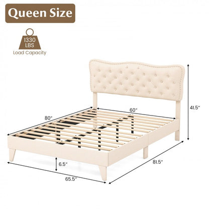 Upholstered Bed Frame with Nail-Head Tufted Headboard and Wooden Slats – Full/Queen Size