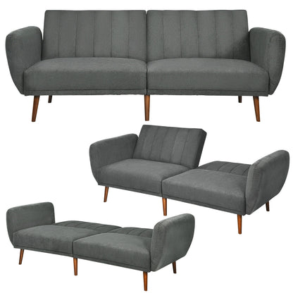 Convertible Futon Sofa Bed with Adjustable Backrest and Solid Wood Legs in Grey