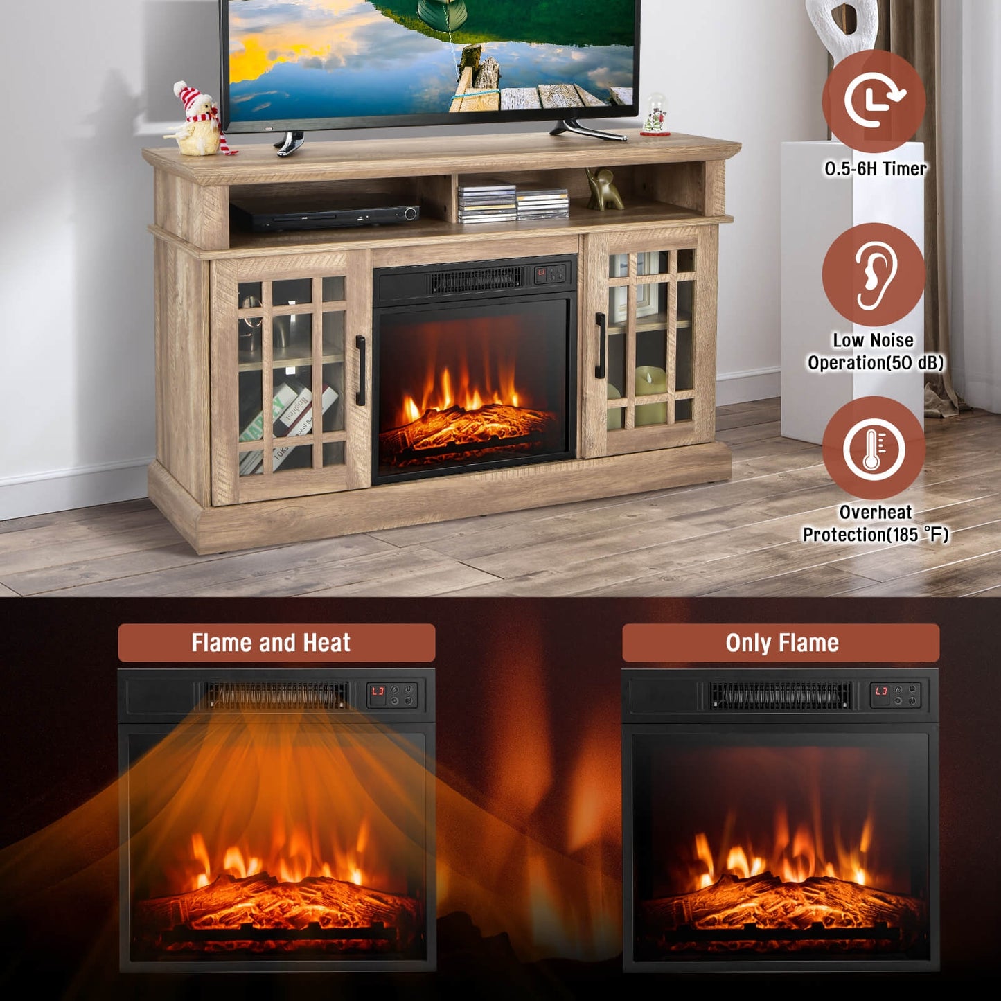 Modern 48 Inch TV Stand with Electric Fireplace and Adjustable Cabinets for TVs Up to 55 Inches - Natural
