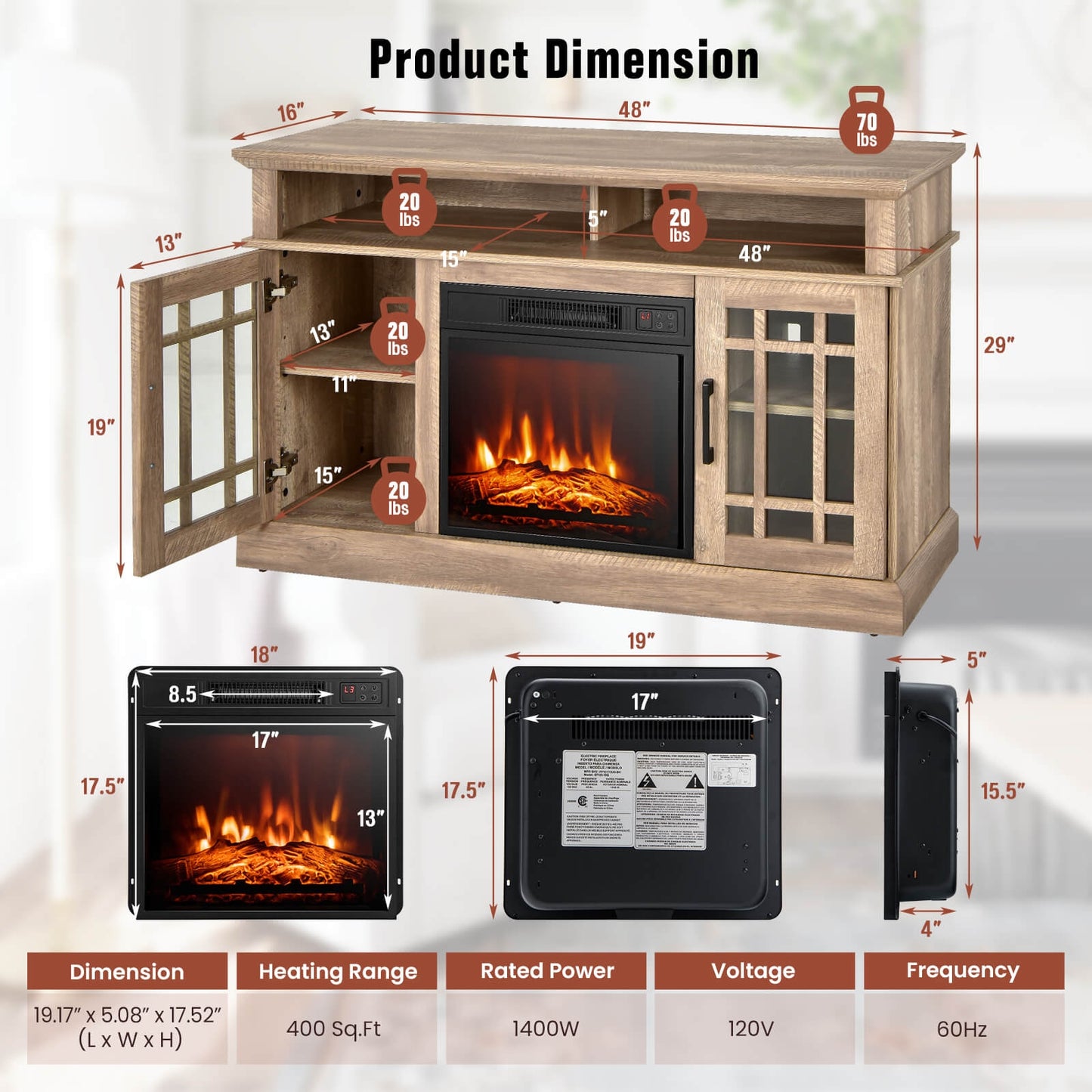 Modern 48 Inch TV Stand with Electric Fireplace and Adjustable Cabinets for TVs Up to 55 Inches - Natural