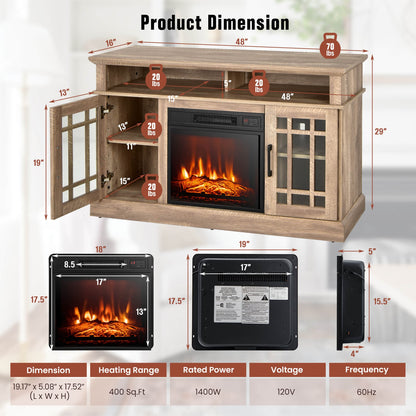 Modern 48 Inch TV Stand with Electric Fireplace and Adjustable Cabinets for TVs Up to 55 Inches - Natural