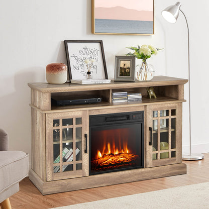 Modern 48 Inch TV Stand with Electric Fireplace and Adjustable Cabinets for TVs Up to 55 Inches - Natural