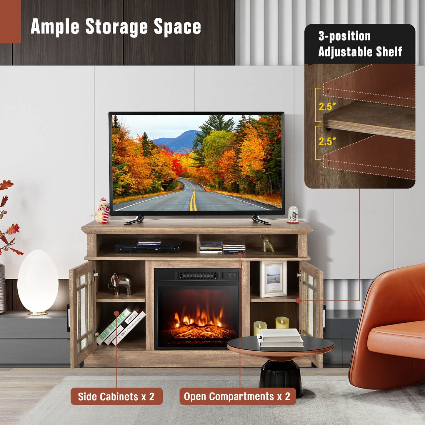 Modern 48 Inch TV Stand with Electric Fireplace and Adjustable Cabinets for TVs Up to 55 Inches - Natural