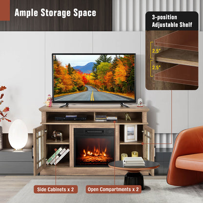 Modern 48 Inch TV Stand with Electric Fireplace and Adjustable Cabinets for TVs Up to 55 Inches - Natural