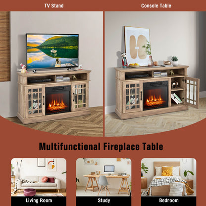Modern 48 Inch TV Stand with Electric Fireplace and Adjustable Cabinets for TVs Up to 55 Inches - Natural