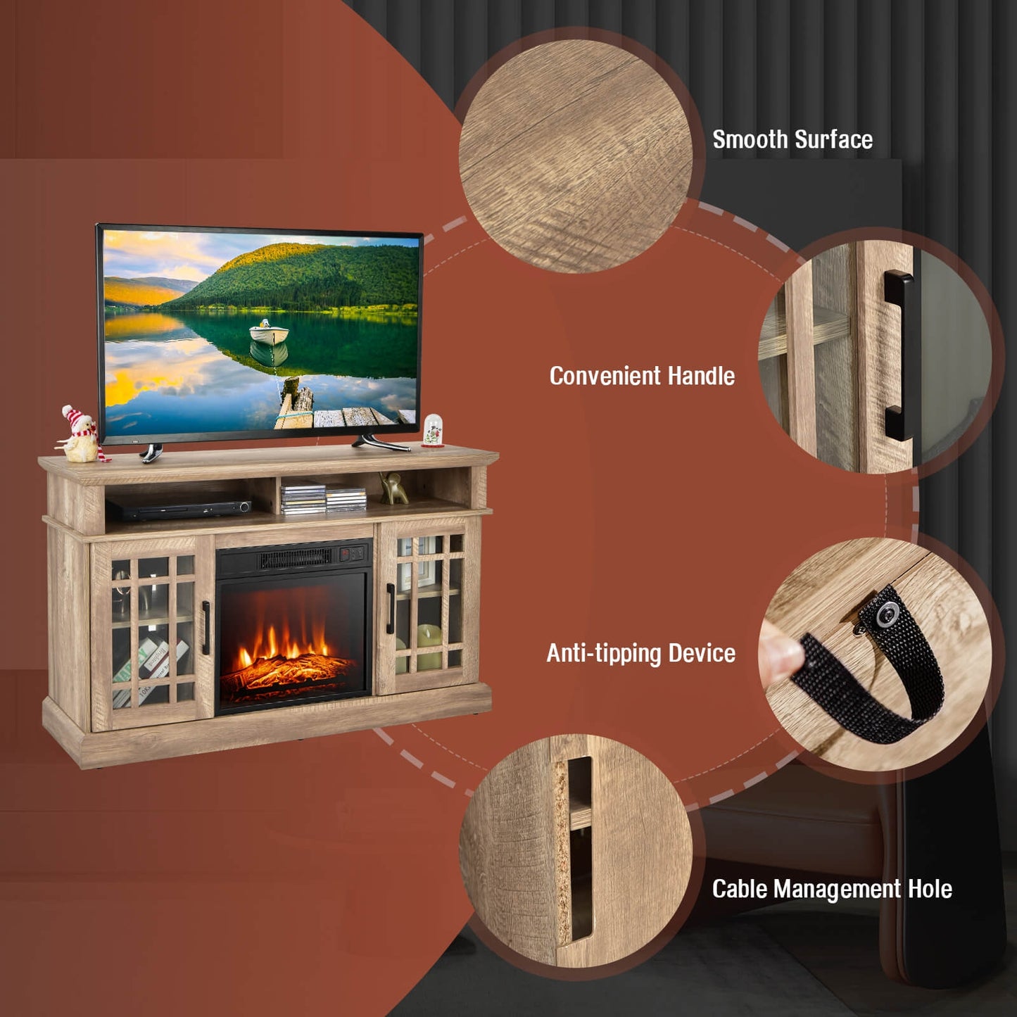 Modern 48 Inch TV Stand with Electric Fireplace and Adjustable Cabinets for TVs Up to 55 Inches - Natural