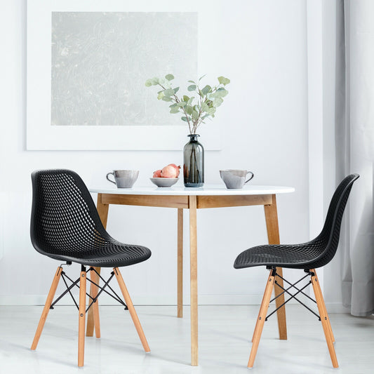Set of 2 Modern Plastic Hollow Dining Chairs with Wooden Legs for Home and Office - Black