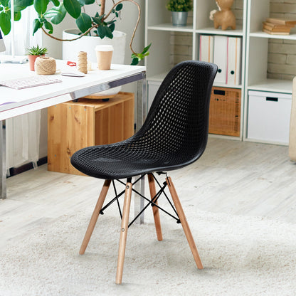 Set of 2 Modern Plastic Hollow Dining Chairs with Wooden Legs for Home and Office - Black