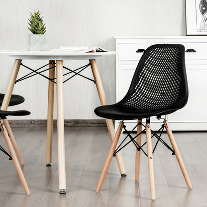 Set of 2 Modern Plastic Hollow Dining Chairs with Wooden Legs for Home and Office - Black