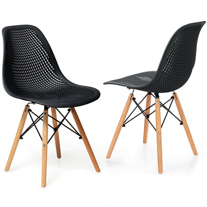 Set of 2 Modern Plastic Hollow Dining Chairs with Wooden Legs for Home and Office - Black