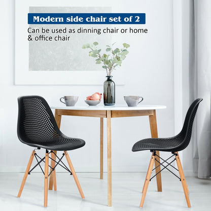 Set of 2 Modern Plastic Hollow Dining Chairs with Wooden Legs for Home and Office - Black