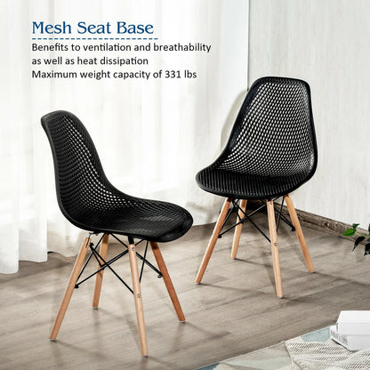 Set of 2 Modern Plastic Hollow Dining Chairs with Wooden Legs for Home and Office - Black