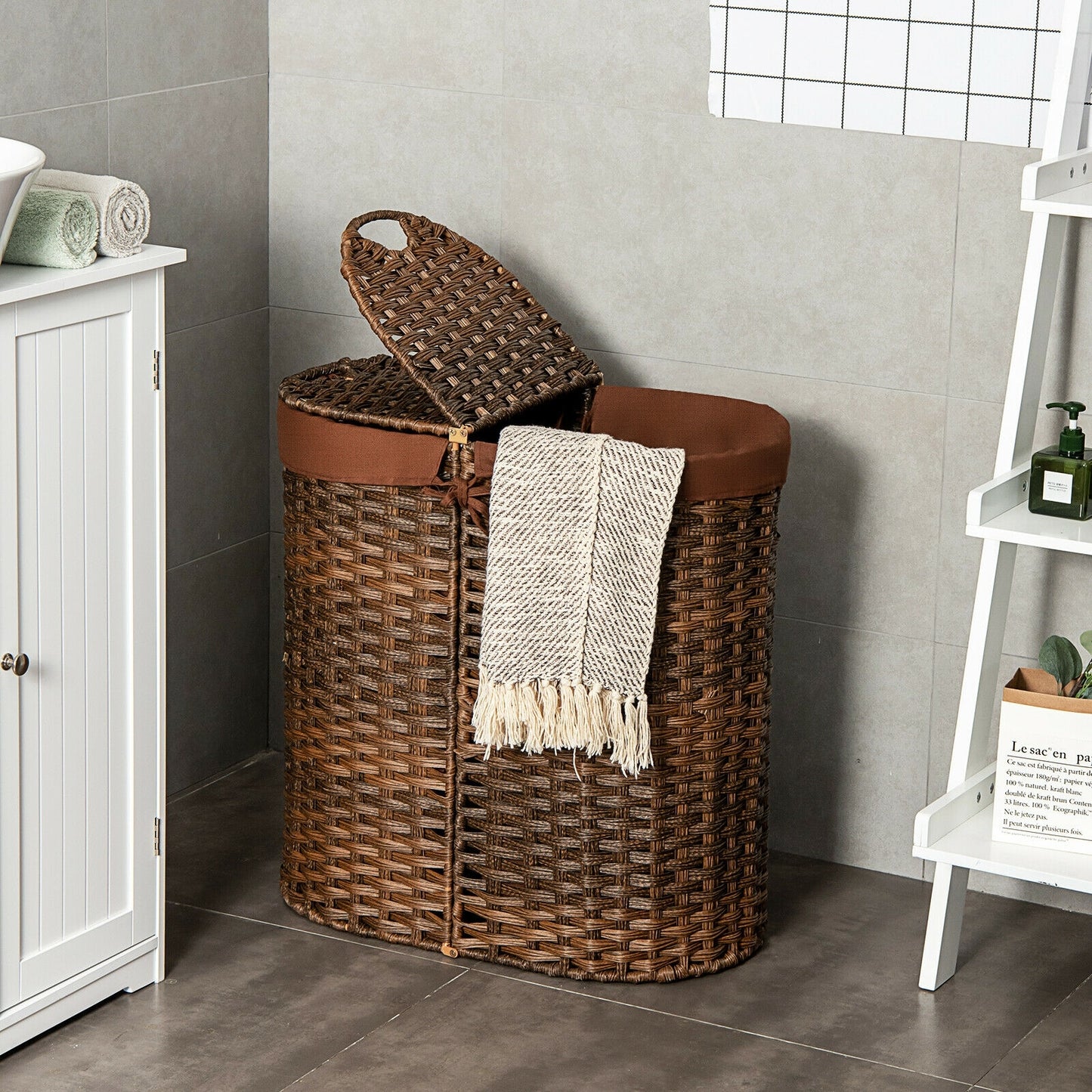 Handwoven Rattan Laundry Hamper with Removable Liner Bags & Dual Compartments