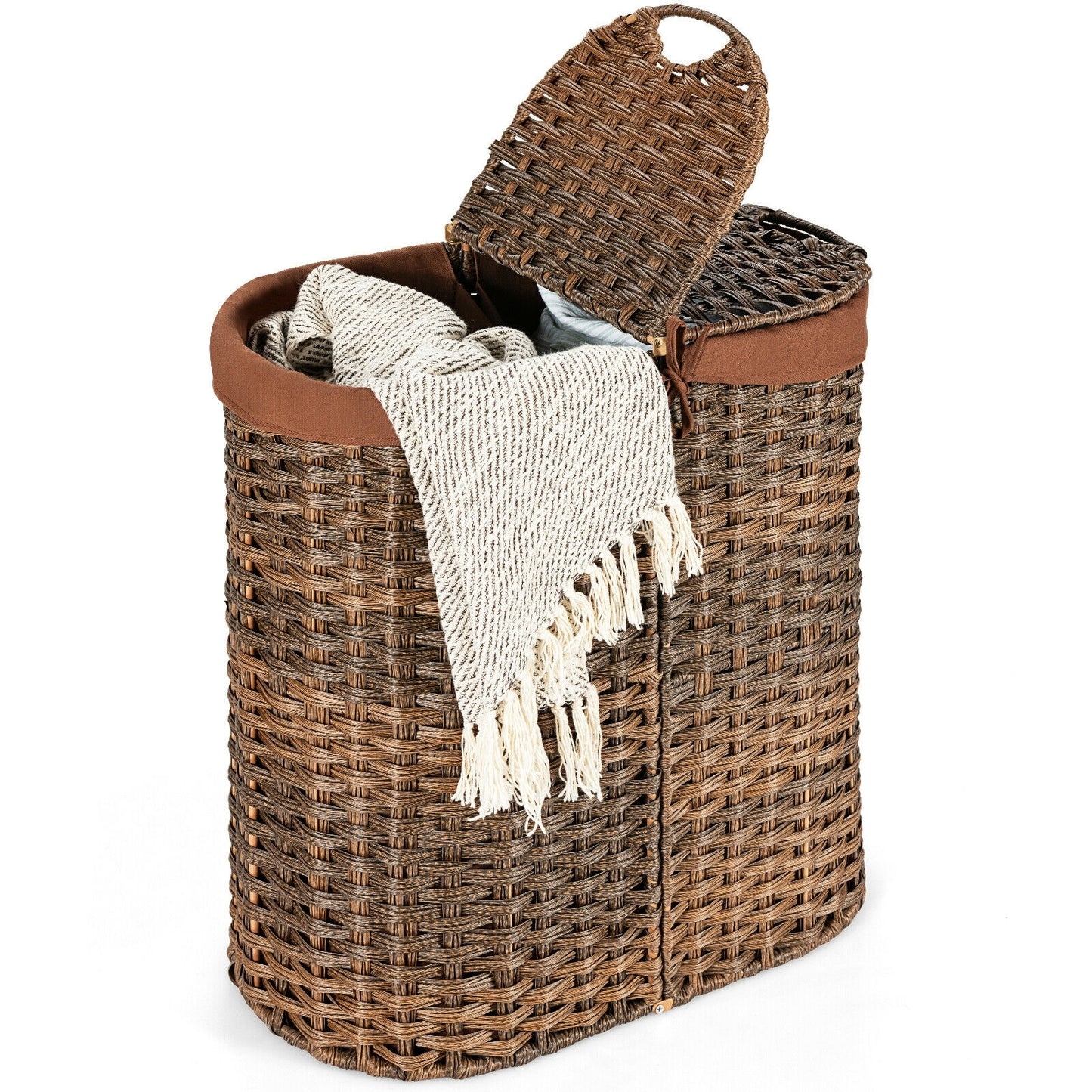 Handwoven Rattan Laundry Hamper with Removable Liner Bags & Dual Compartments