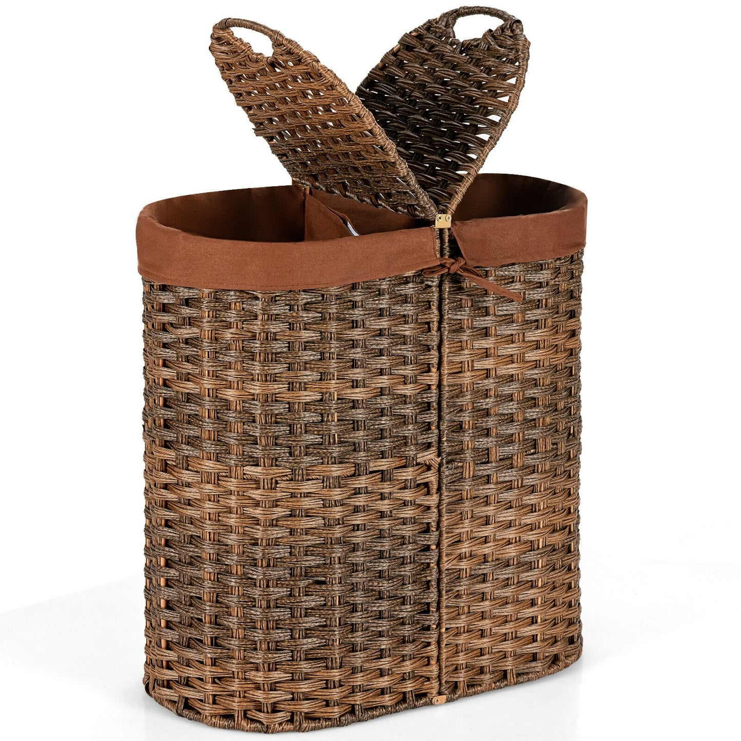 Handwoven Rattan Laundry Hamper with Removable Liner Bags & Dual Compartments