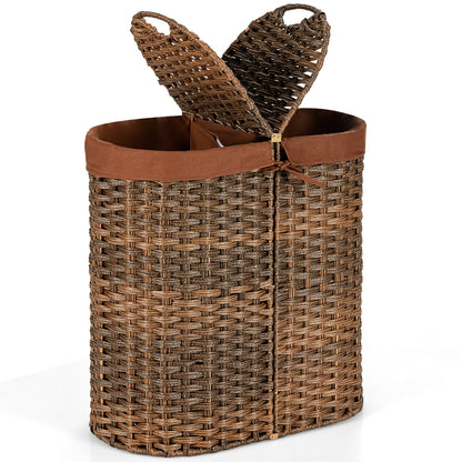 Handwoven Rattan Laundry Hamper with Removable Liner Bags & Dual Compartments