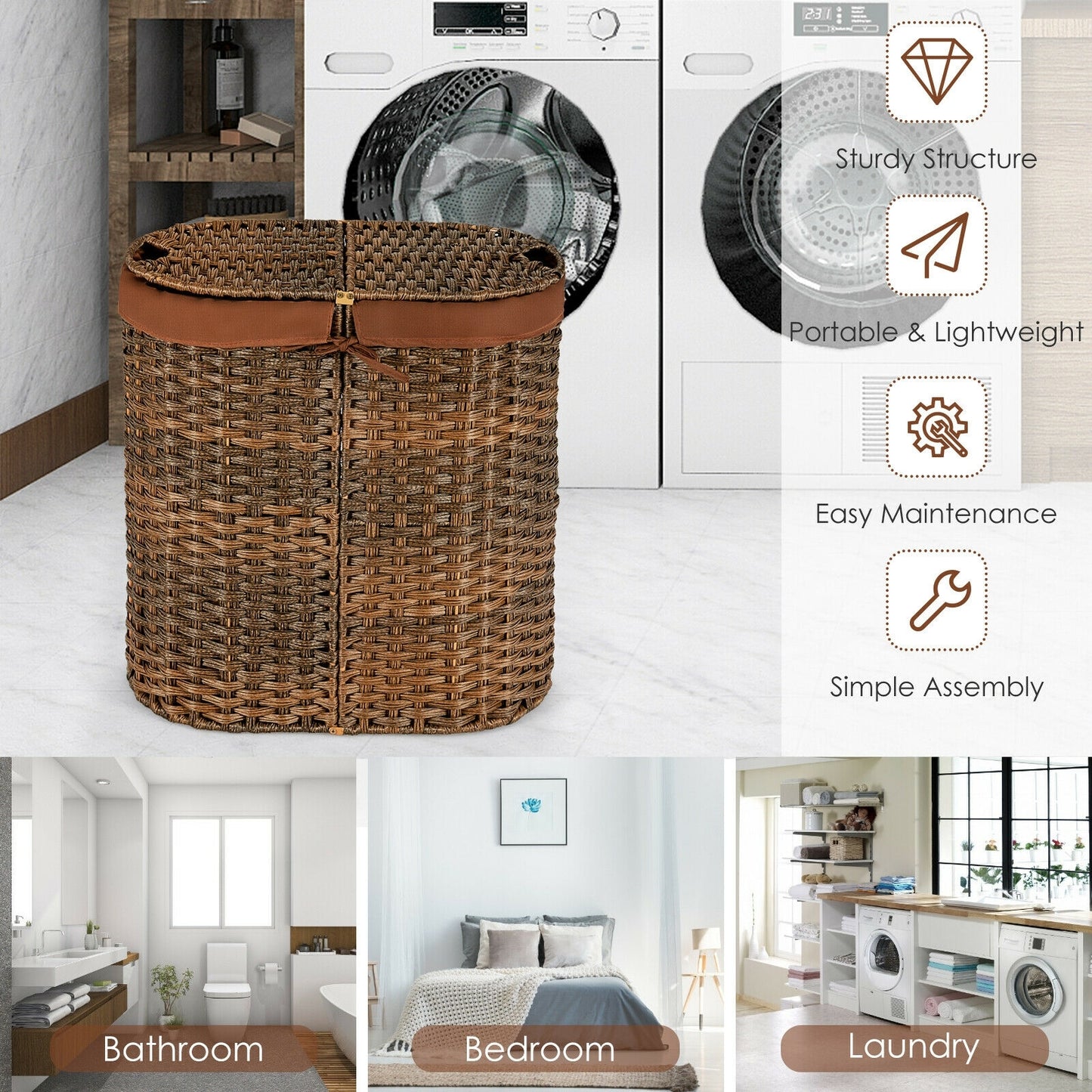 Handwoven Rattan Laundry Hamper with Removable Liner Bags & Dual Compartments