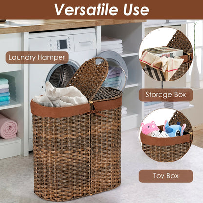 Handwoven Rattan Laundry Hamper with Removable Liner Bags & Dual Compartments