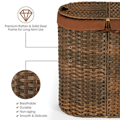 Handwoven Rattan Laundry Hamper with Removable Liner Bags & Dual Compartments