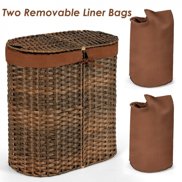 Handwoven Rattan Laundry Hamper with Removable Liner Bags & Dual Compartments