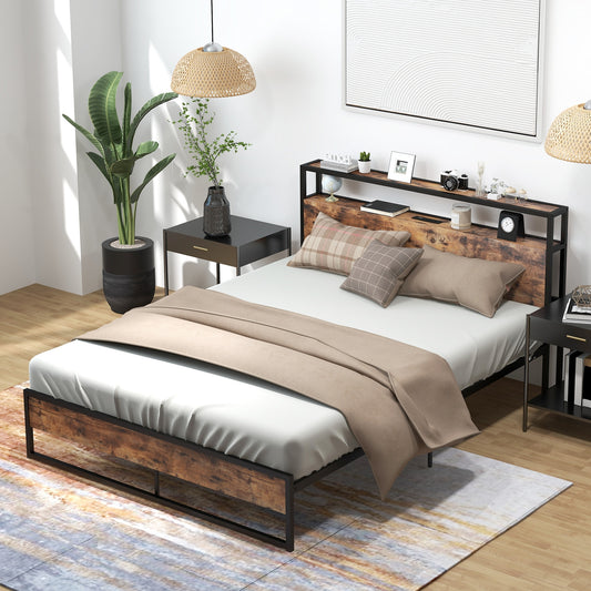 Rustic Brown Metal Bed Frame with 2-Tier Storage Headboard and Built-in Charging Station – Queen Size