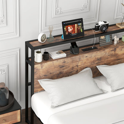 Rustic Brown Metal Bed Frame with 2-Tier Storage Headboard and Built-in Charging Station – Queen Size