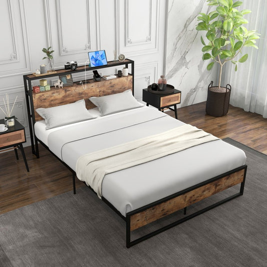 Rustic Brown Metal Bed Frame with 2-Tier Storage Headboard and Built-in Charging Station – Full Size
