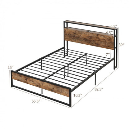Rustic Brown Metal Bed Frame with 2-Tier Storage Headboard and Built-in Charging Station – Full Size