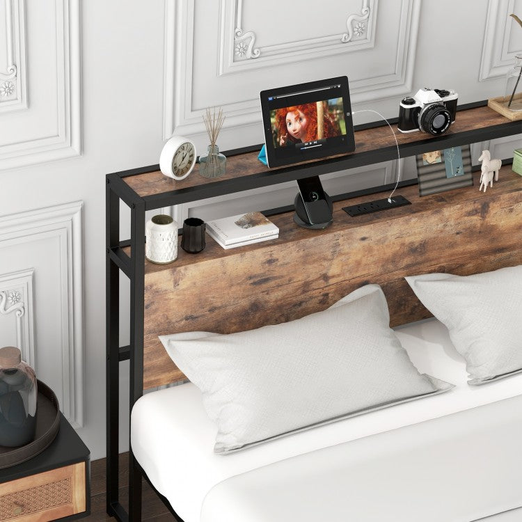 Rustic Brown Metal Bed Frame with 2-Tier Storage Headboard and Built-in Charging Station – Full Size