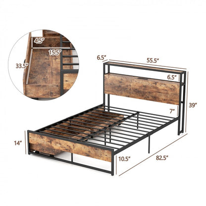 Durable Rustic Brown Bed Frame with 2-Tier Storage Headboard & Charging Station - Full/Queen Size