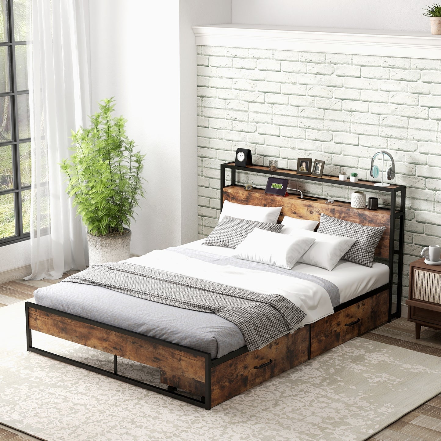 Durable Rustic Brown Bed Frame with 2-Tier Storage Headboard & Charging Station - Full/Queen Size