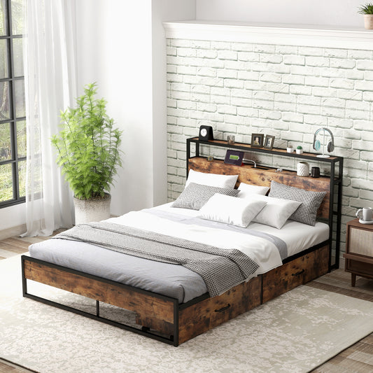 Durable Rustic Brown Bed Frame with 2-Tier Storage Headboard & Charging Station - Full/Queen Size