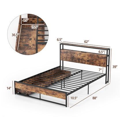 Durable Rustic Brown Bed Frame with 2-Tier Storage Headboard & Charging Station - Full/Queen Size