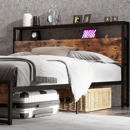 Durable Rustic Brown Bed Frame with 2-Tier Storage Headboard & Charging Station - Full/Queen Size