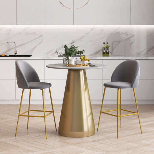 Set of 2 Velvet Bar Stools with Padded Seats, Curved Back, and Gold Metal Frame, 29 Inch