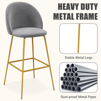 Set of 2 Velvet Bar Stools with Padded Seats, Curved Back, and Gold Metal Frame, 29 Inch