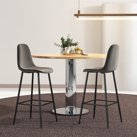 Set of 2 High Back Bar Stools 29.5 Inch with Velvet Upholstery and Metal Frame in Dark Grey