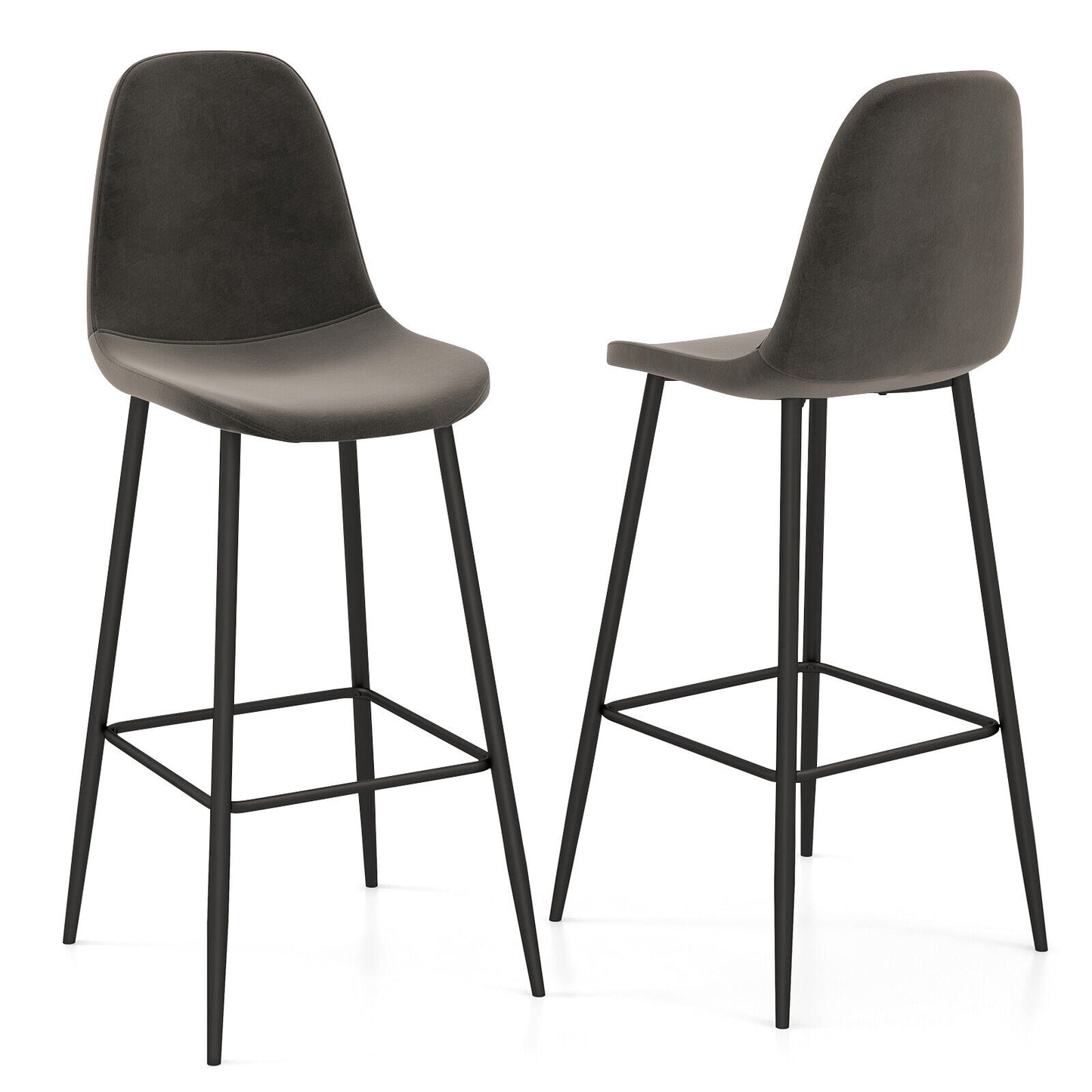 Set of 2 High Back Bar Stools 29.5 Inch with Velvet Upholstery and Metal Frame in Dark Grey