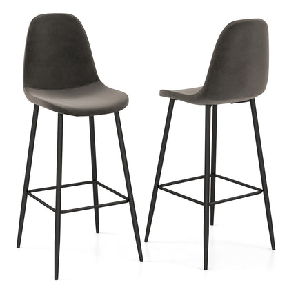 Set of 2 High Back Bar Stools 29.5 Inch with Velvet Upholstery and Metal Frame in Dark Grey