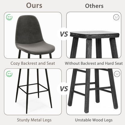 Set of 2 High Back Bar Stools 29.5 Inch with Velvet Upholstery and Metal Frame in Dark Grey