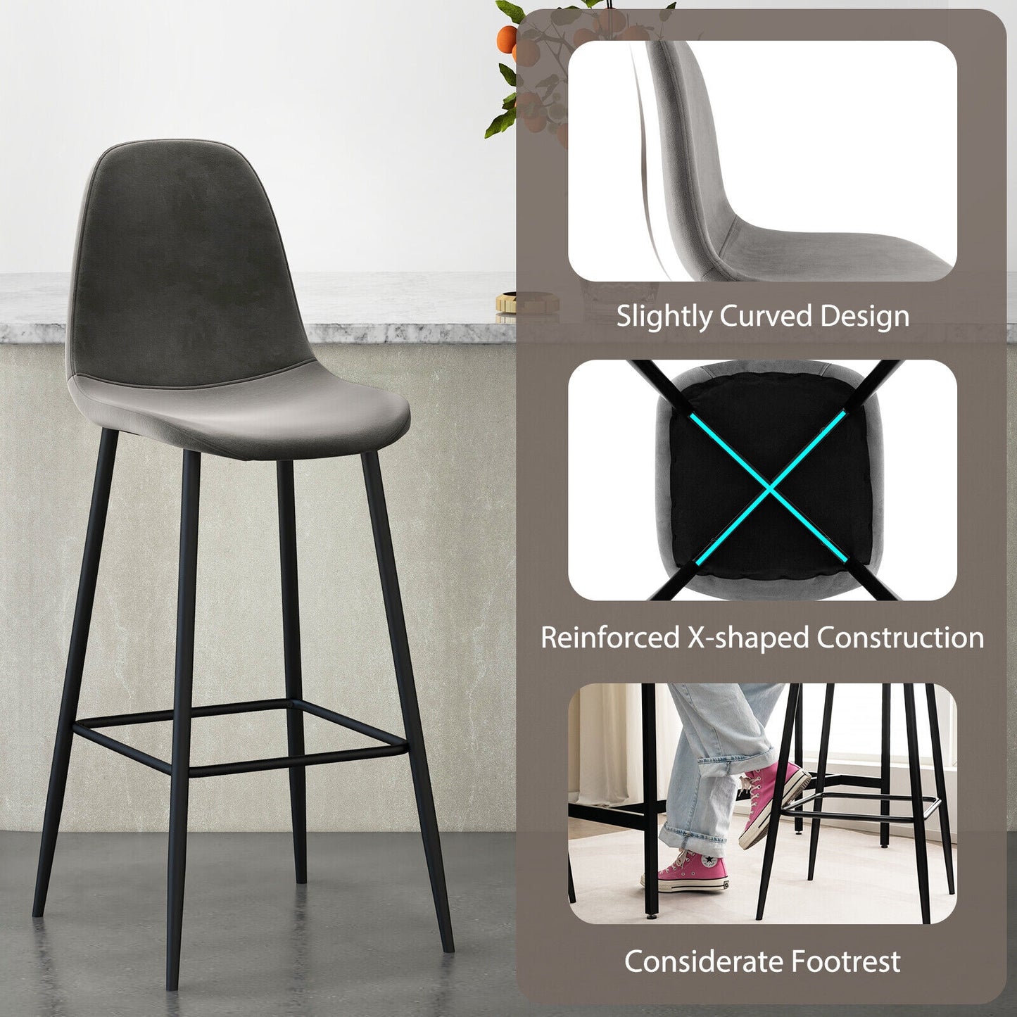 Set of 2 High Back Bar Stools 29.5 Inch with Velvet Upholstery and Metal Frame in Dark Grey