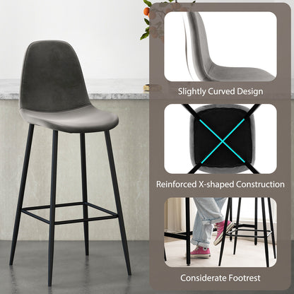 Set of 2 High Back Bar Stools 29.5 Inch with Velvet Upholstery and Metal Frame in Dark Grey